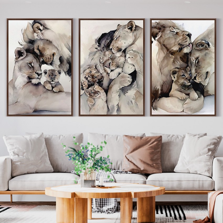 Quadro Leão Filhotes Kit Família Leonina Artístico - 3 Peças