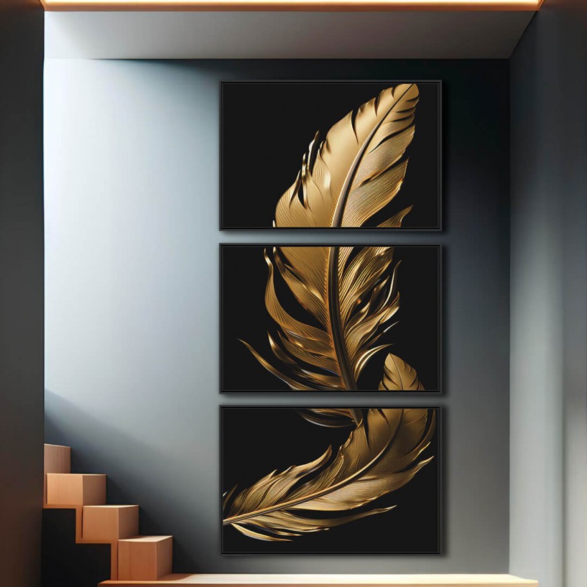 Quadro Trio Moderno Penas Gold Fundo Preto