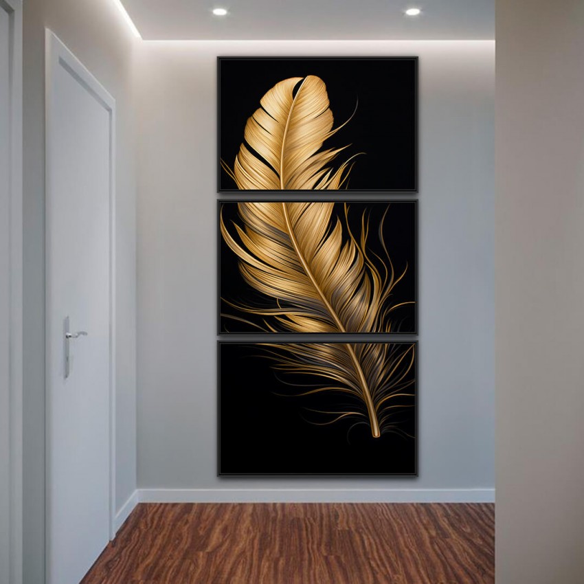 Quadro Pena Glow Dourada Fundo Preto - 3 Peças