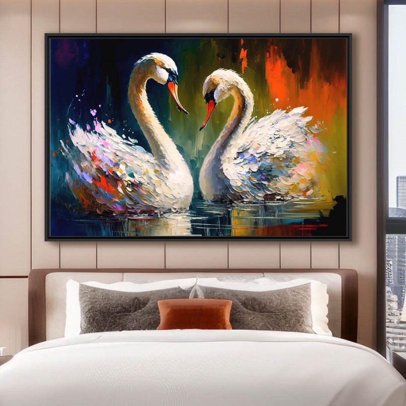 Quadro Casal de Cisnes Amor  Pinceladas Coloridas