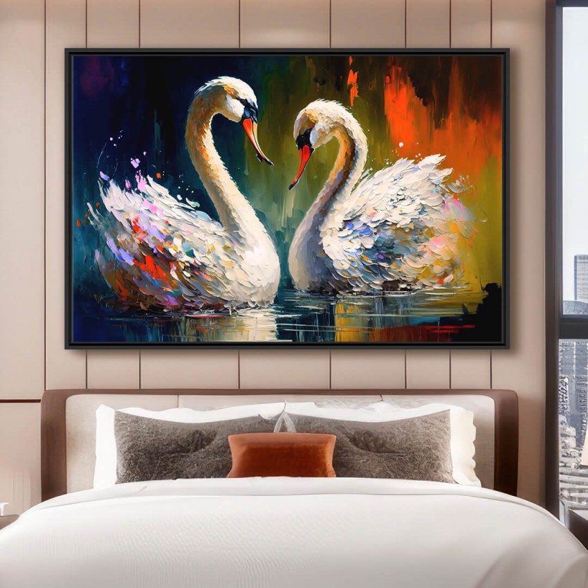 Quadro Casal de Cisnes Amor  Pinceladas Coloridas