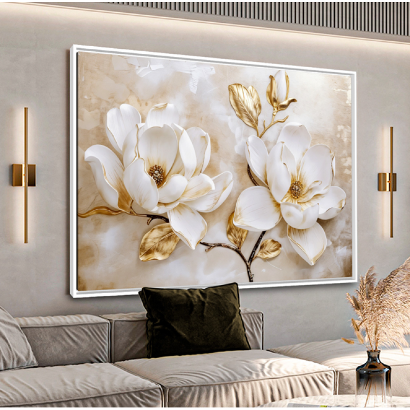 Quadro Luxo Floral Magnólias Douradas e Branco