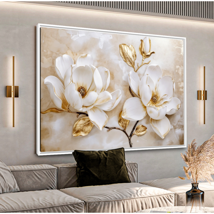 Quadro Luxo Floral Magnólias Douradas e Branco