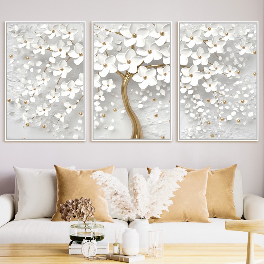 Quadro Flores de Cerejeiras Brancas e Douradas decorativo