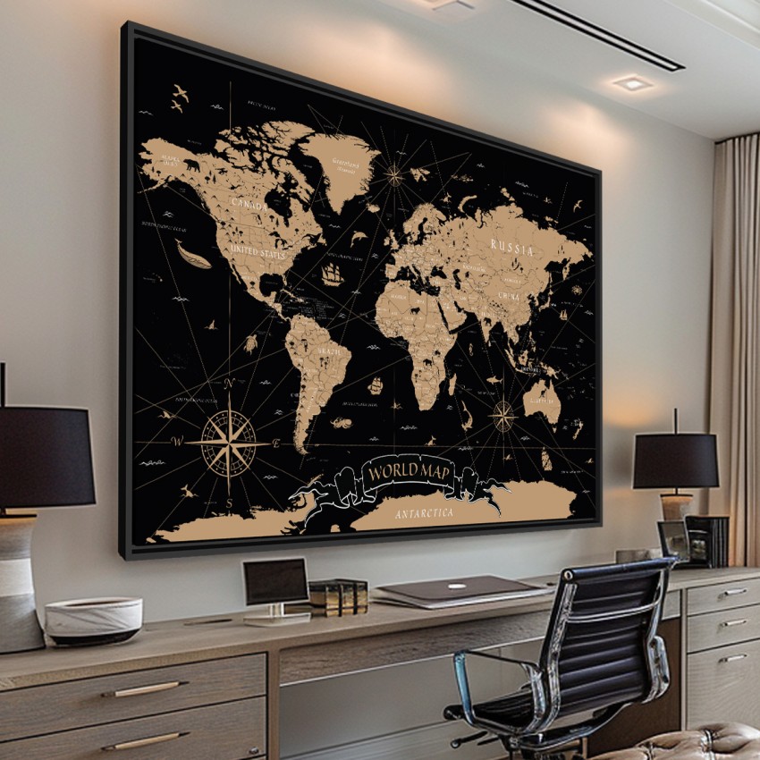 Quadro Mapa Mundi Vintage em Preto - World Map