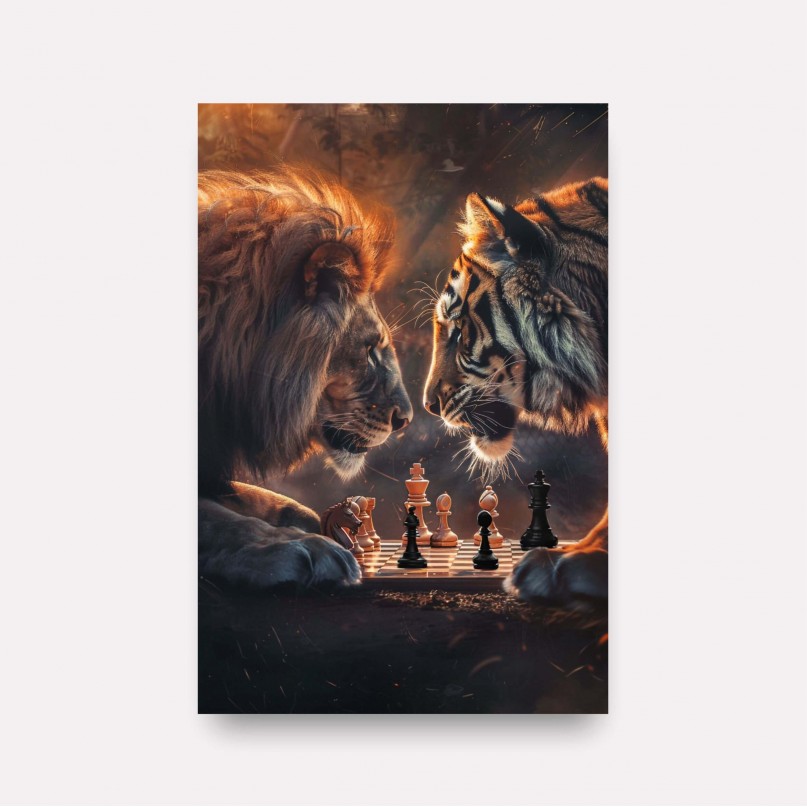 Quadro Decorativo Xadrez Partida Feroz Leão vs Tigre