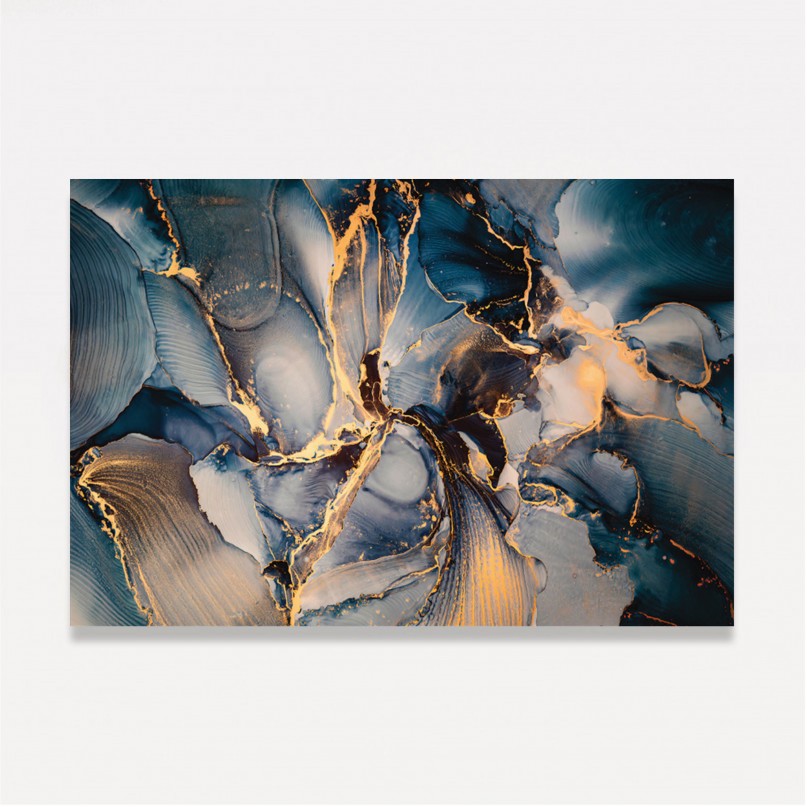 Quadro Abstrato Mix Azul e Dourado Moderno