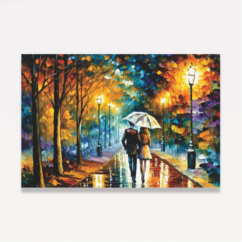 Quadro Casal Amor Sob a Chuva Abstrato Pinceladas 