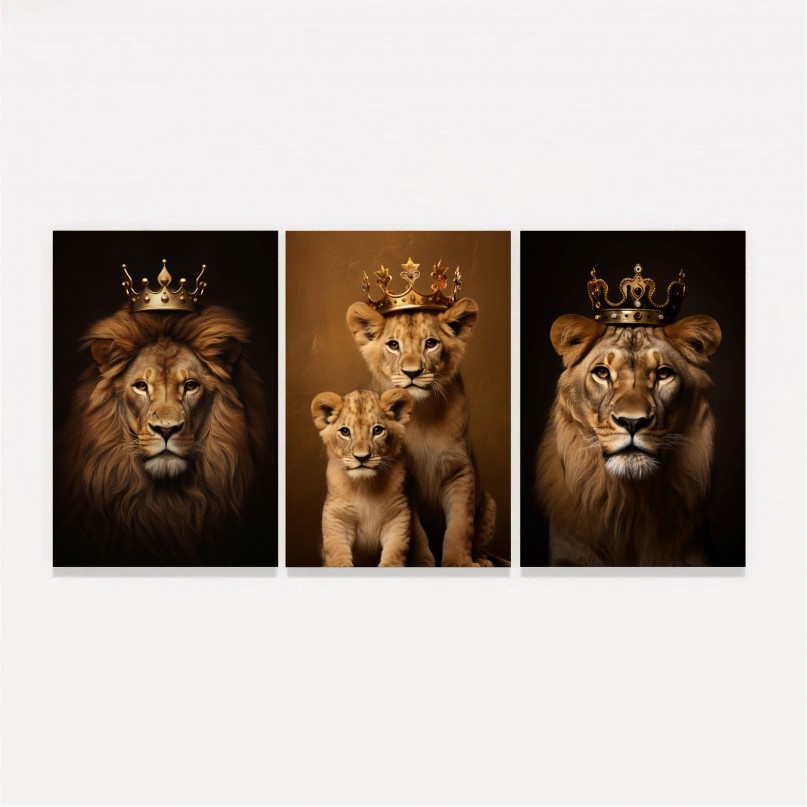 Quadro Trio Família de Leões Real 2 Filhotes