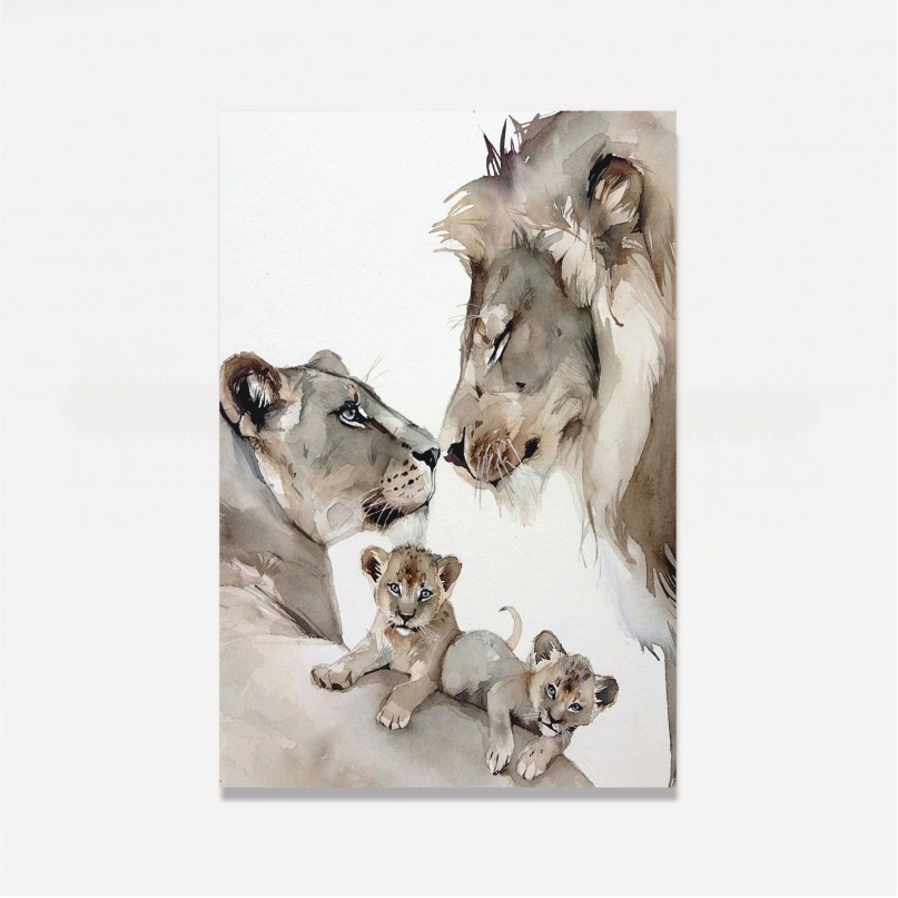 Quadro Decorativo Casal de Leões e Filhotes