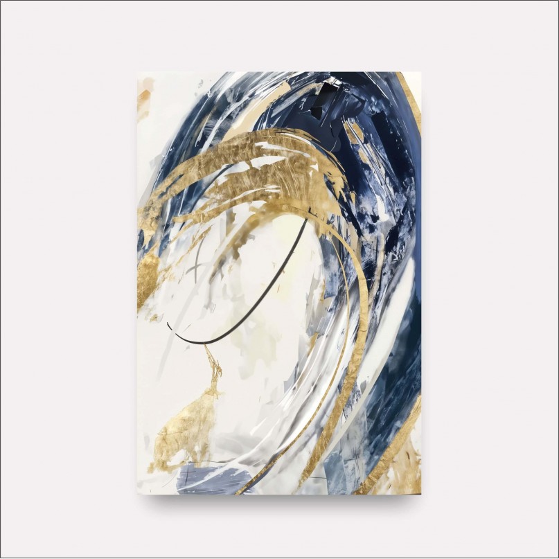 Quadro Arte Abstrata Contemporânea Ondas de Ouro e Azul