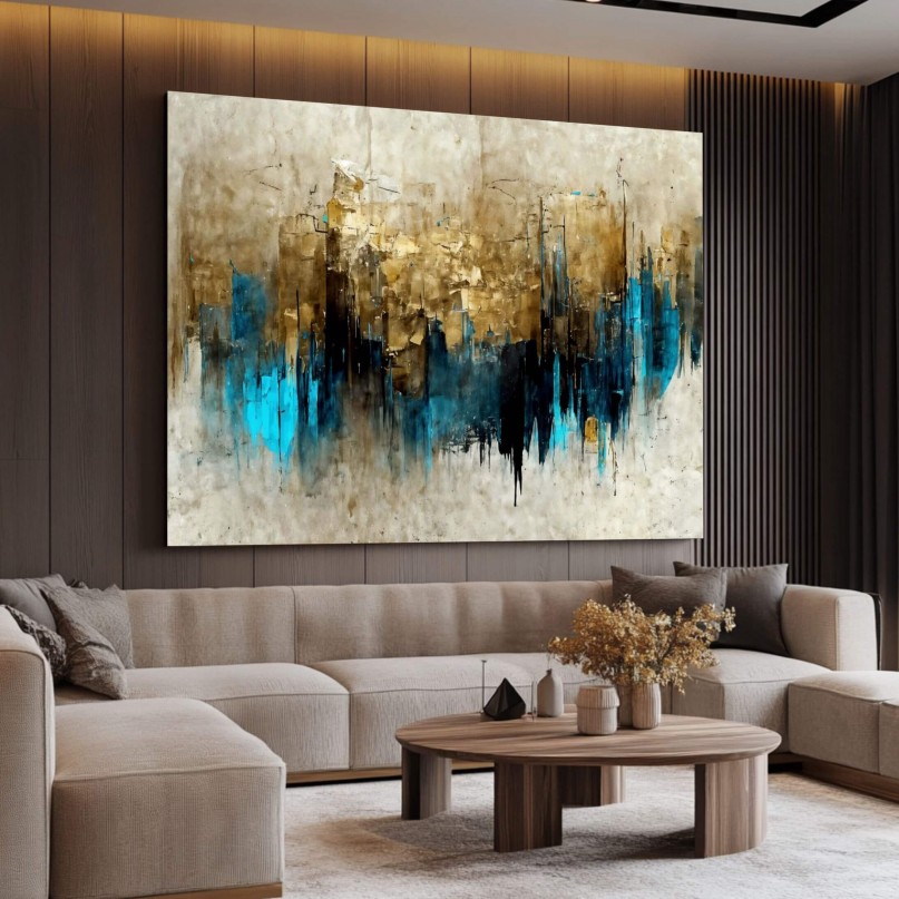 Quadro Artístico Abstrato Aura de Ouro com Azul