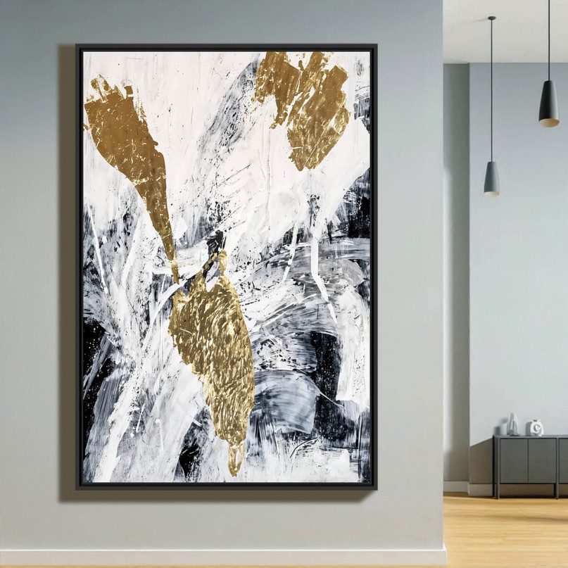 Quadro Elegância Abstrata em Preto Branco e Ouro