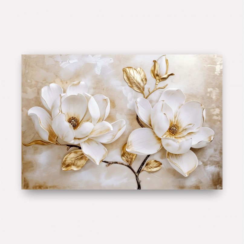 Quadro Luxo Floral Magnólias Douradas e Branco
