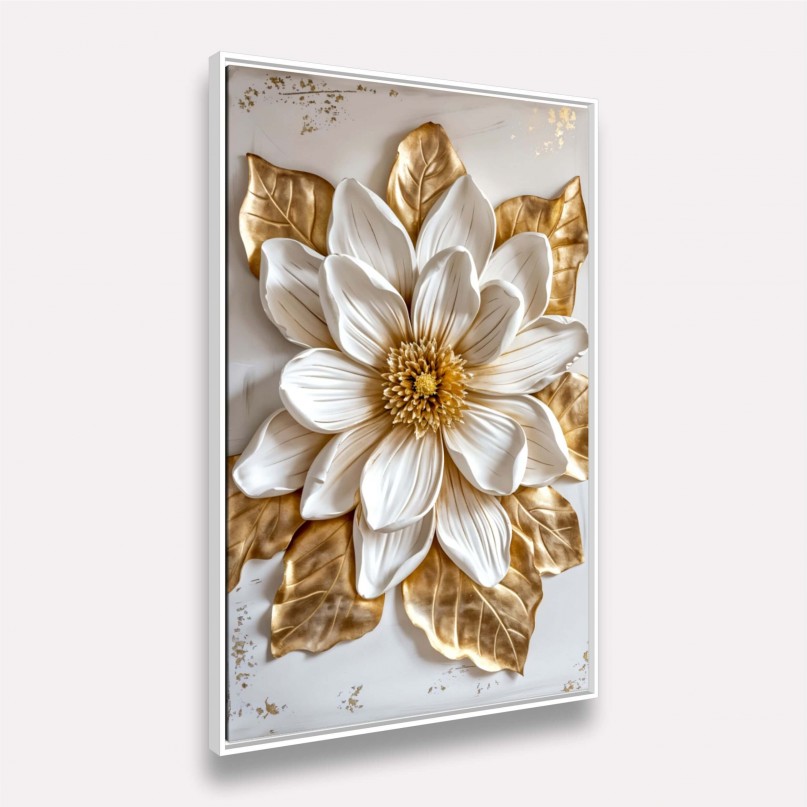 Quadro Magnólia Luxo Real Toque Dourado e Branco