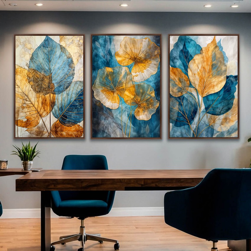 Quadro Folhas Elegantes Douradas com Tons Aquáticos