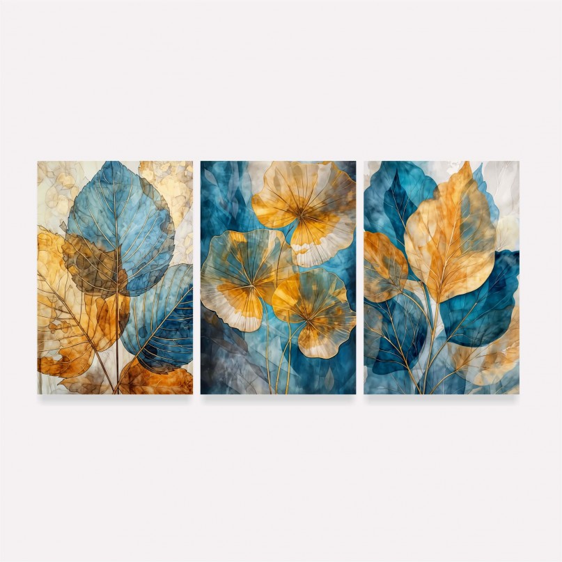 Quadro Folhas Elegantes Douradas com Tons Aquáticos