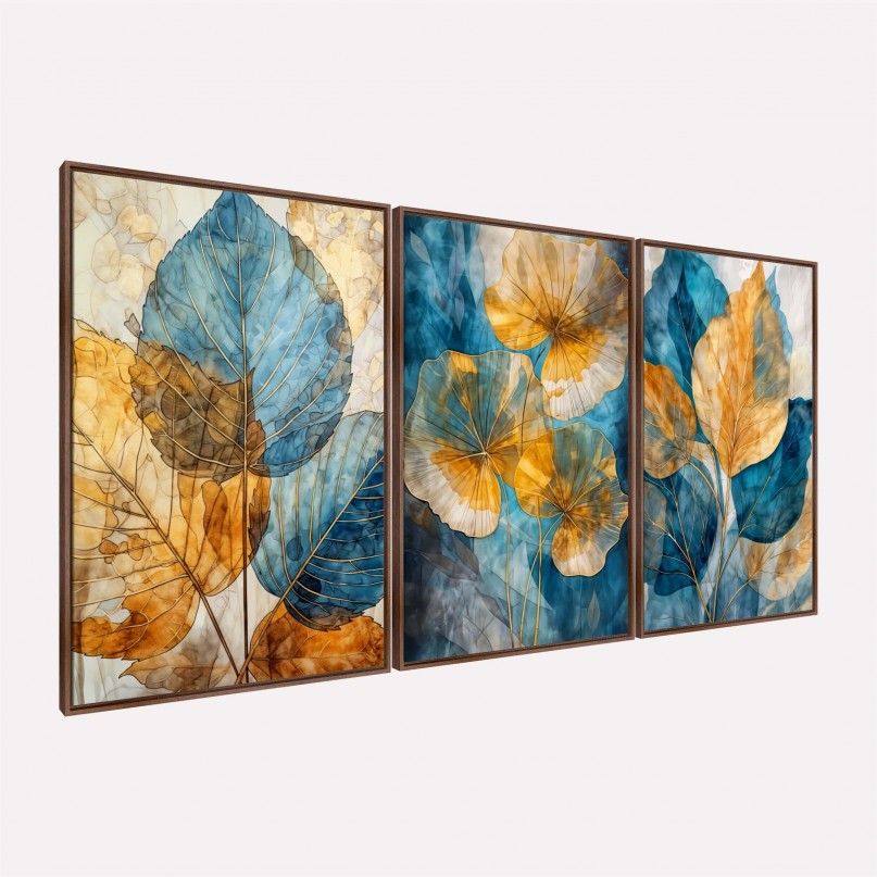 Quadro Folhas Elegantes Douradas com Tons Aquáticos