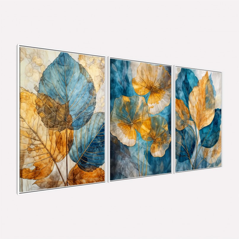 Quadro Folhas Elegantes Douradas com Tons Aquáticos