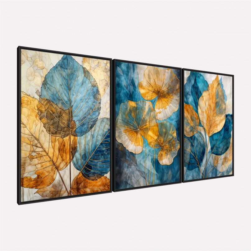 Quadro Folhas Elegantes Douradas com Tons Aquáticos