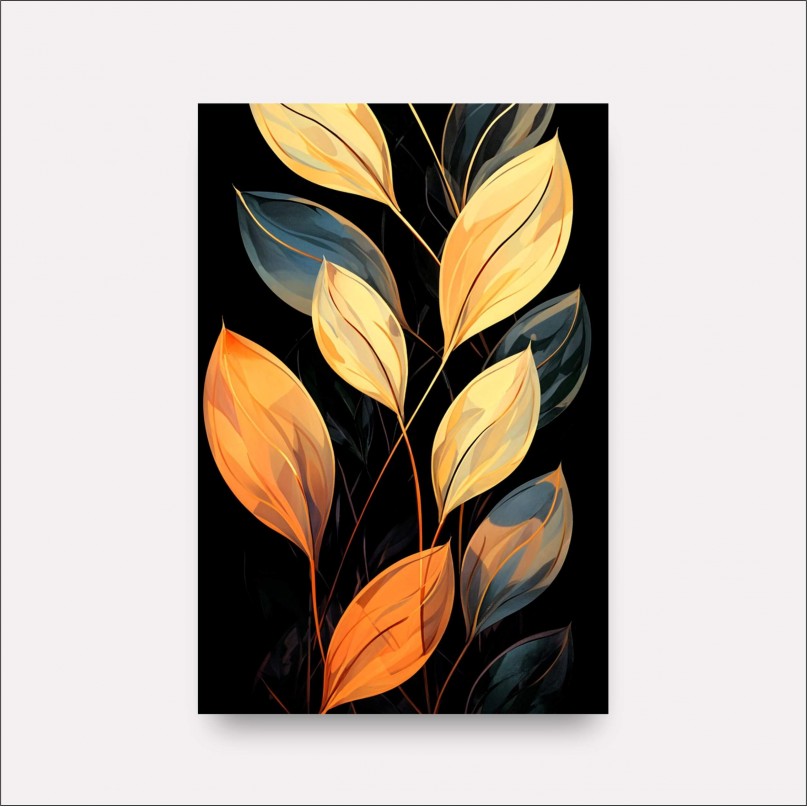 Quadro Ramo de Folhas Moderna Preto com Dourado