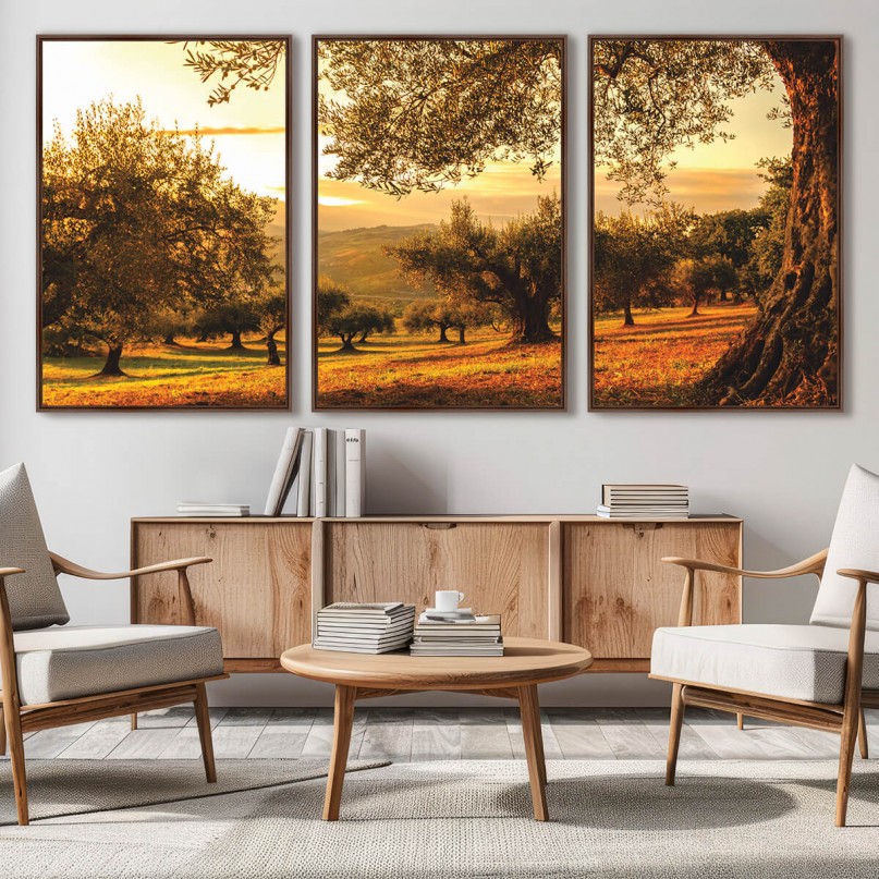 Quadro Decorativo Paisagem Oliveiras no Campo ao Entardecer
