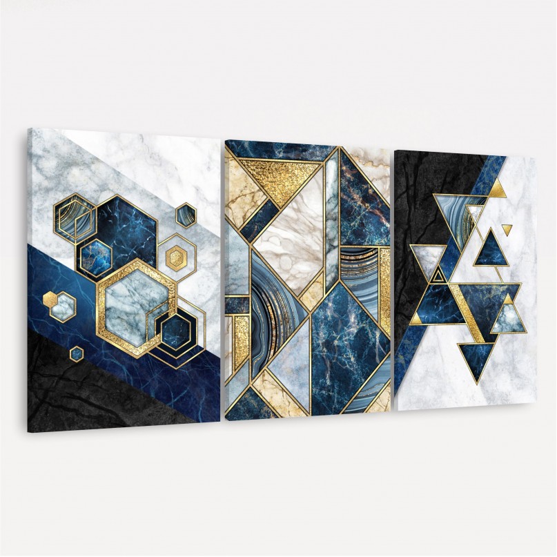 Quadro Abstrato Marmorizado Moderno Azul e Dourado