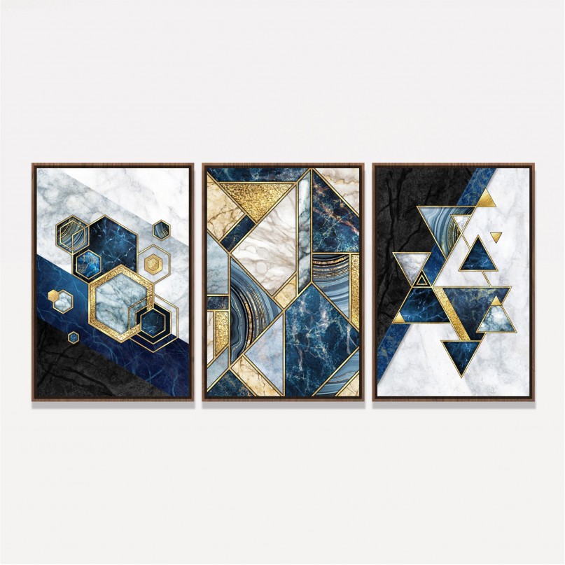 Quadro Abstrato Marmorizado Moderno Azul e Dourado