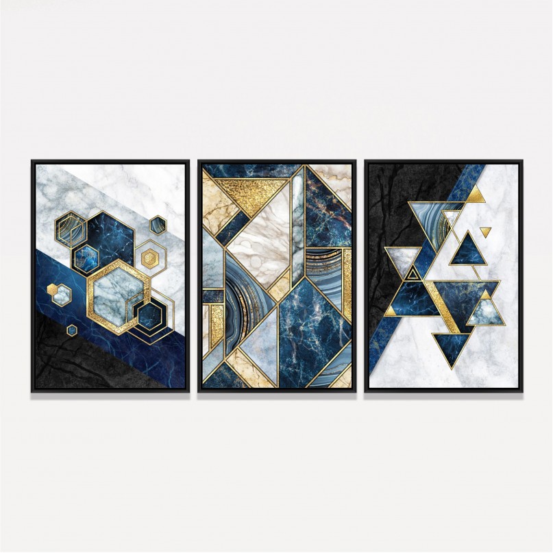 Quadro Abstrato Marmorizado Moderno Azul e Dourado