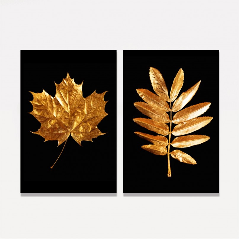 Quadros Folhas Duo Golden Black 2 Peças