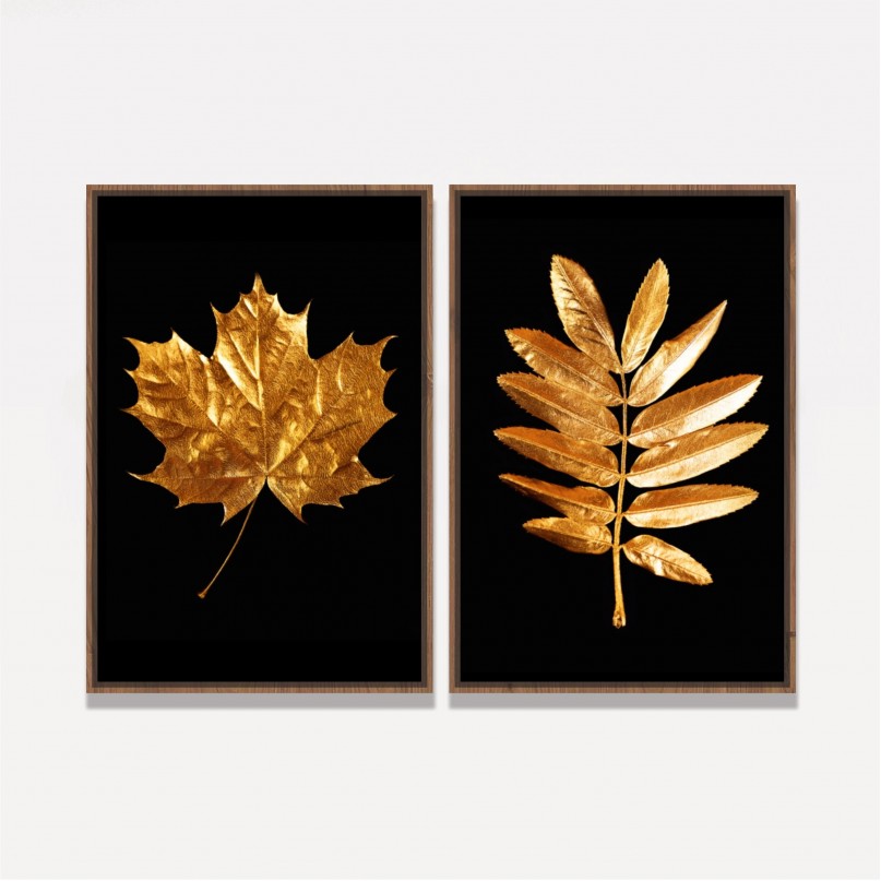 Quadros Folhas Duo Golden Black 2 Peças