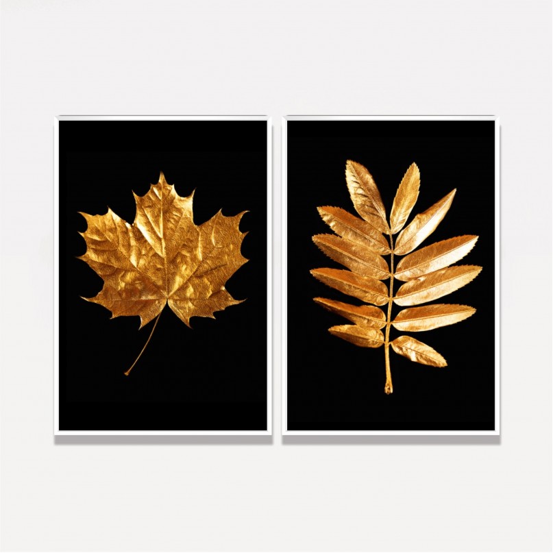 Quadros Folhas Duo Golden Black 2 Peças