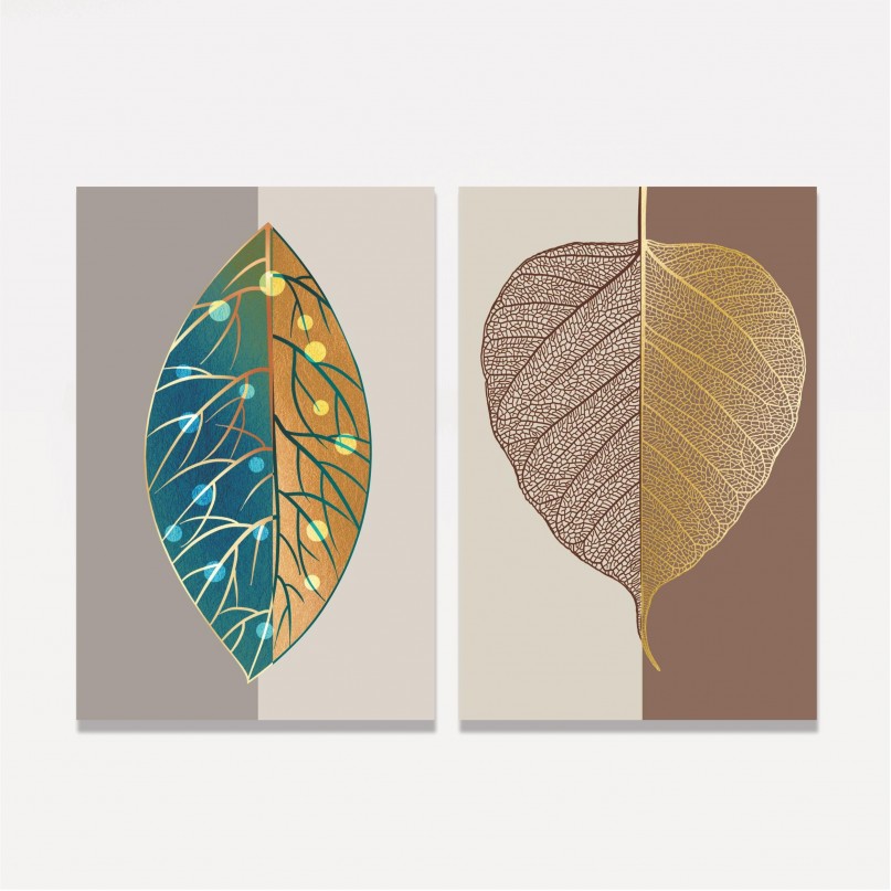 Quadros Folhas em Arte Abstrata Luxo Moderna - 2 Peças