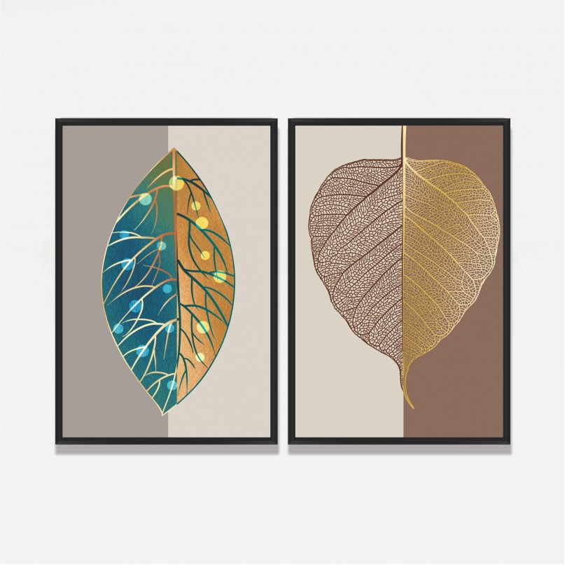 Quadros Folhas em Arte Abstrata Luxo Moderna - 2 Peças