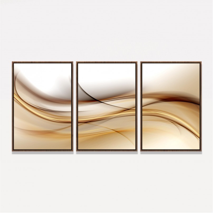 Quadro Abstrato Ondas de Ouro Marrom - 3 Peças