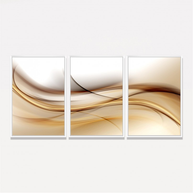 Quadro Abstrato Ondas de Ouro Marrom - 3 Peças