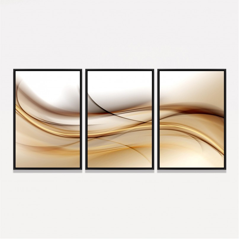Quadro Abstrato Ondas de Ouro Marrom - 3 Peças