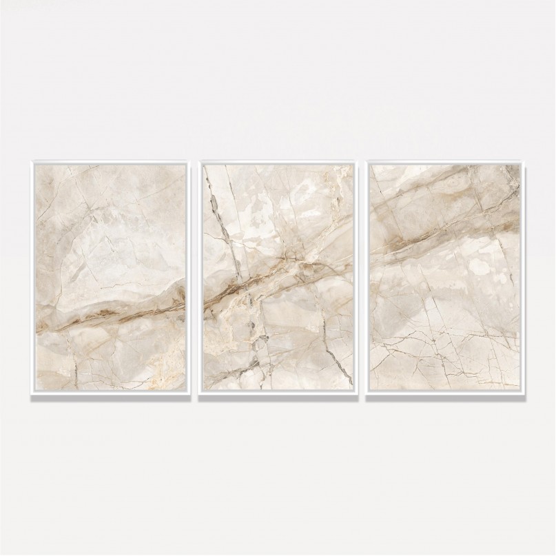 Quadro Abstrato Marmorizado Bege - 3 Peças