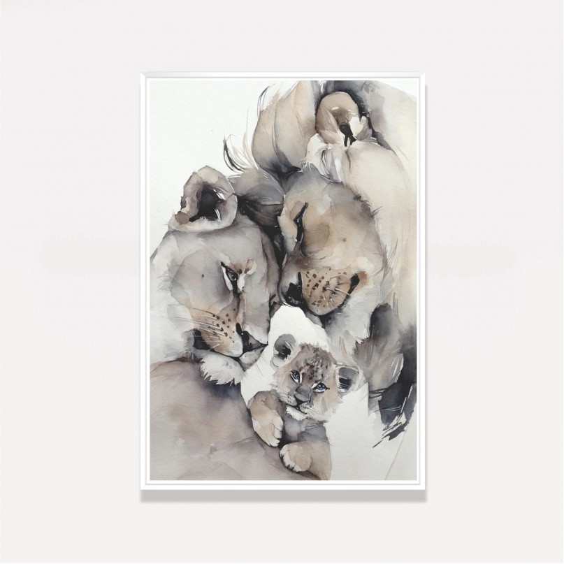 Quadro Leão Casal e Filhote em Arte