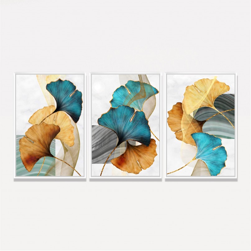 Kit Quadros Folhas Folhagem Luxo Modernas em Arte - 3 Peças