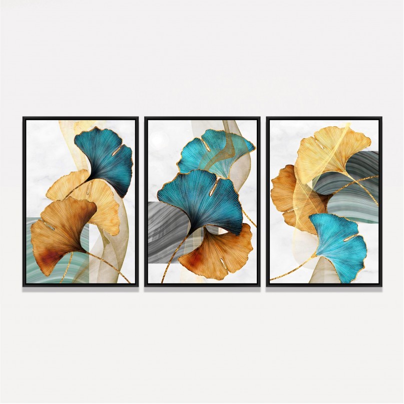 Kit Quadros Folhas Folhagem Luxo Modernas em Arte - 3 Peças