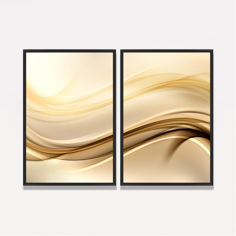 Quadro Abstrato Duo com Linhas de Ouro e Ondas