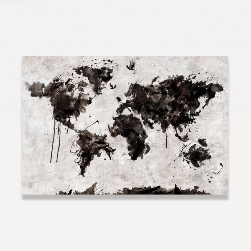 Quadro Mapa Mundi em Arte Animais - Preto e Branco