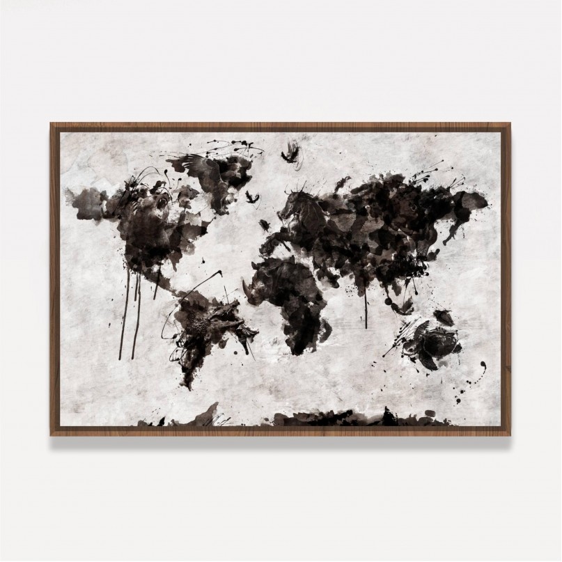 Quadro Mapa Mundi em Arte Animais - Preto e Branco