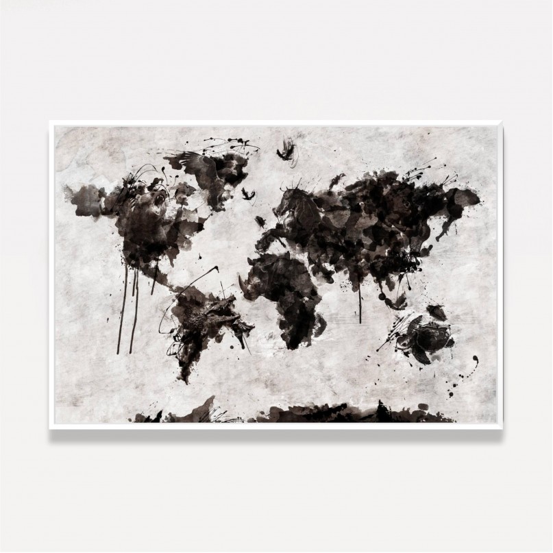 Quadro Mapa Mundi em Arte Animais - Preto e Branco