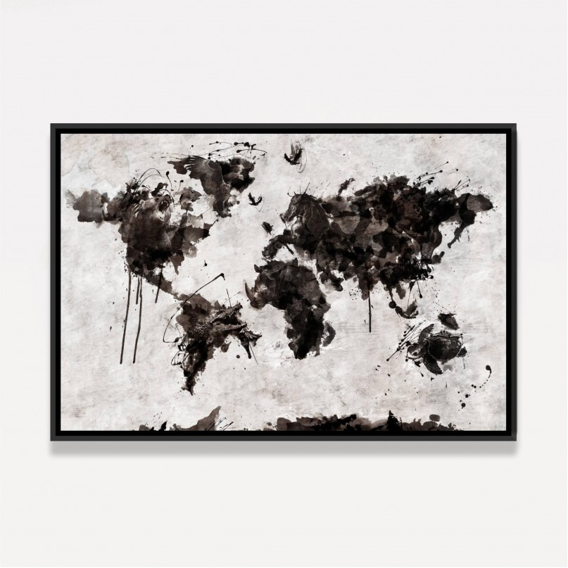 Quadro Mapa Mundi em Arte Animais - Preto e Branco