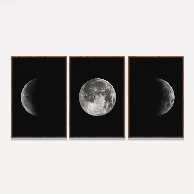 Kit Quadros Lua Fases Lunar em Arte decorativo - 3 Peças