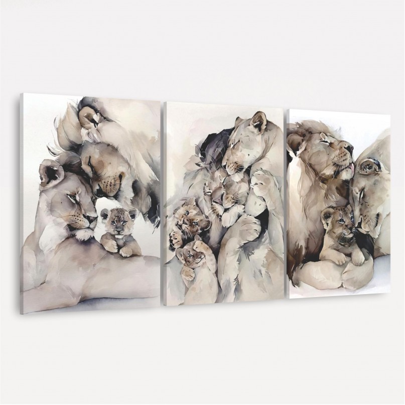 Quadro Leão Filhotes Kit Família Leonina Artístico - 3 Peças
