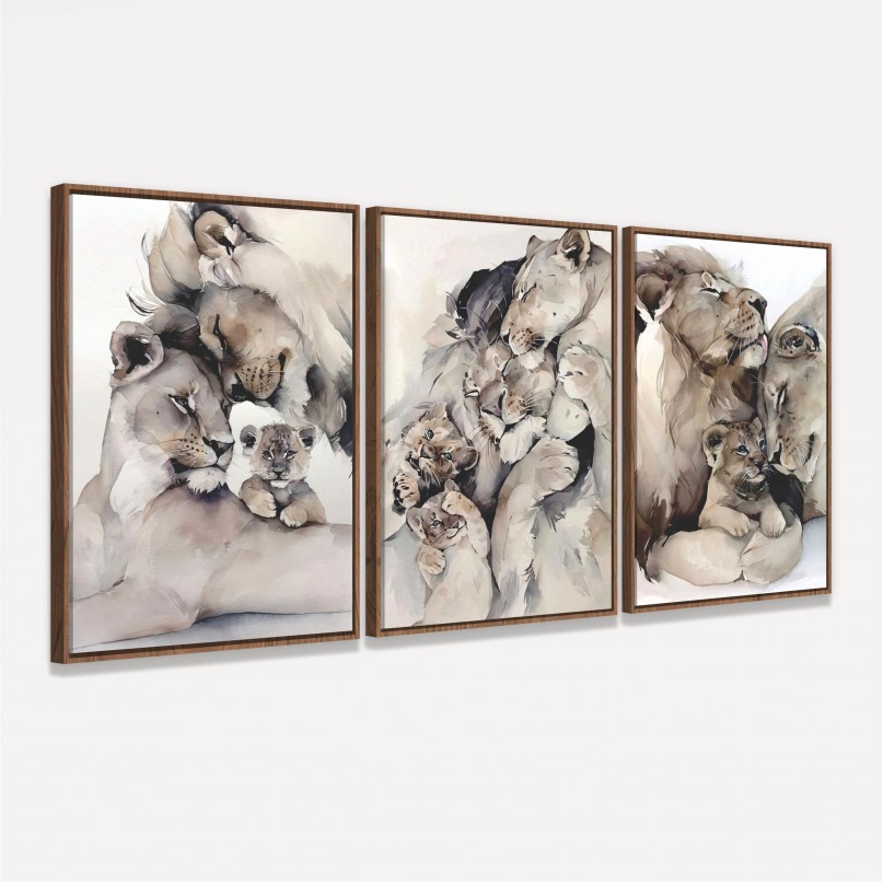 Quadro Leão Filhotes Kit Família Leonina Artístico - 3 Peças