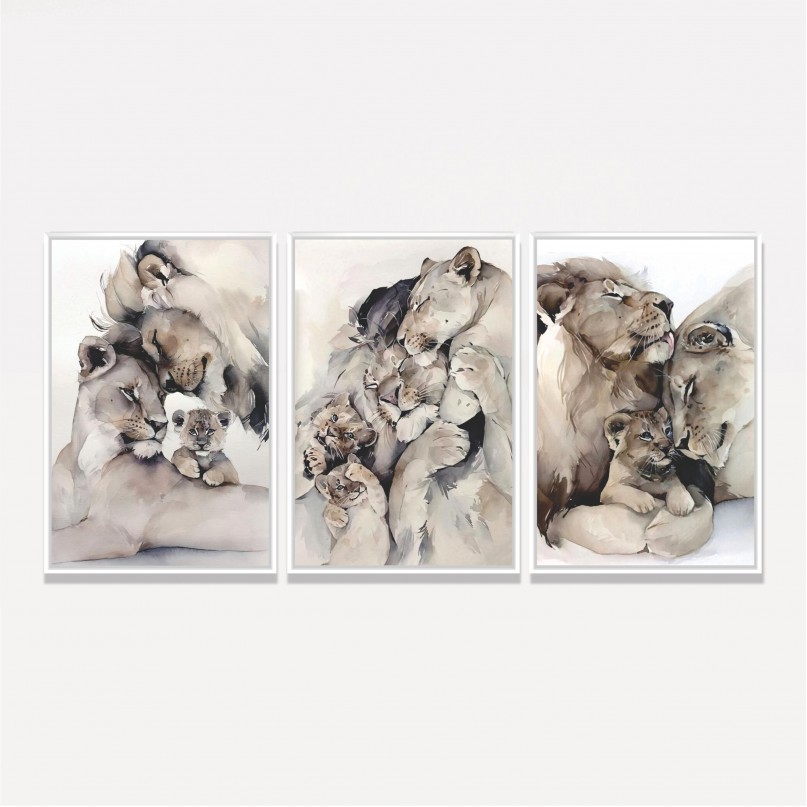 Quadro Leão Filhotes Kit Família Leonina Artístico - 3 Peças